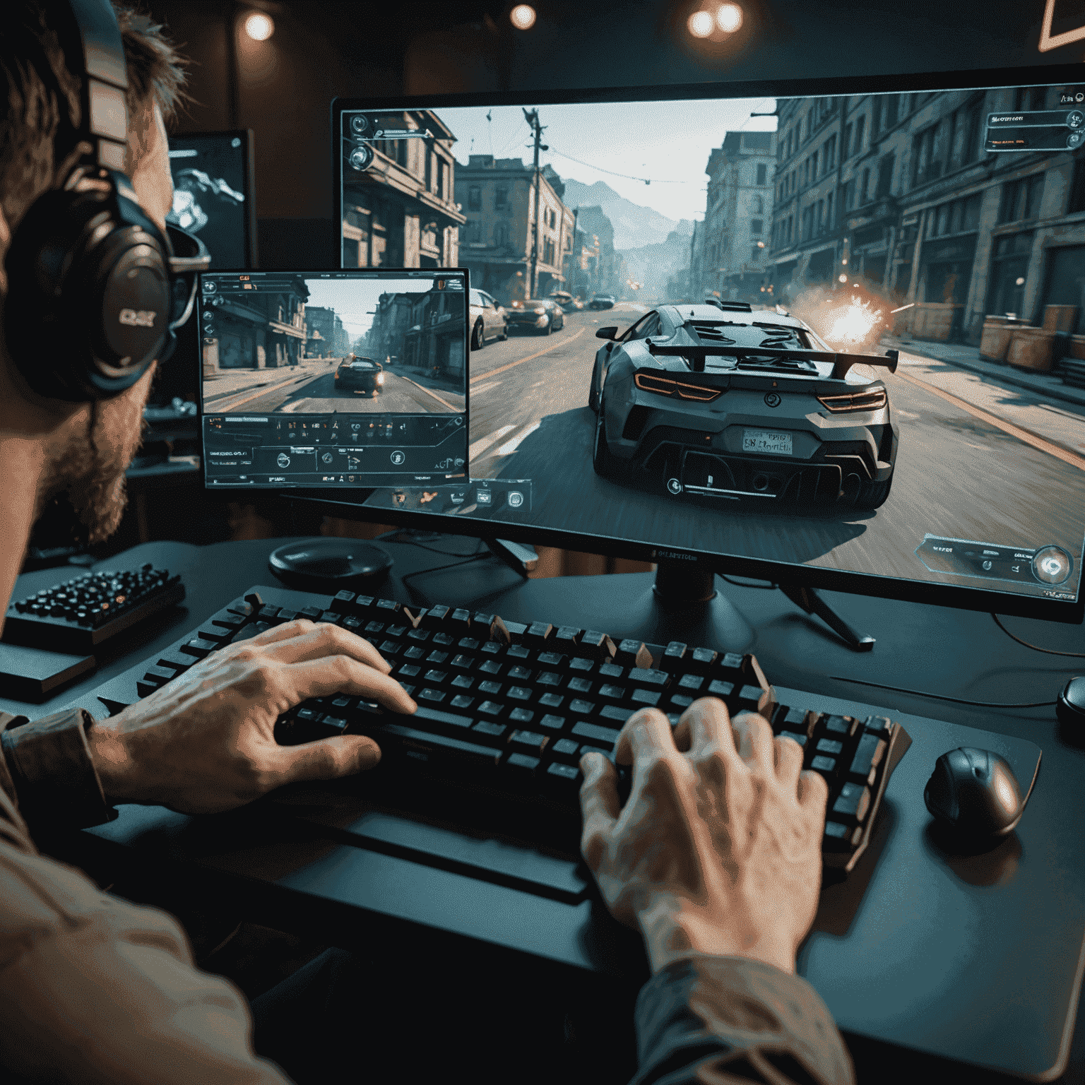 A gamer focusing intently on a screen, crosshair visible, demonstrating precise aim in a first-person shooter game. The image shows the player's hands on mouse and keyboard, emphasizing the importance of proper positioning for aim improvement.