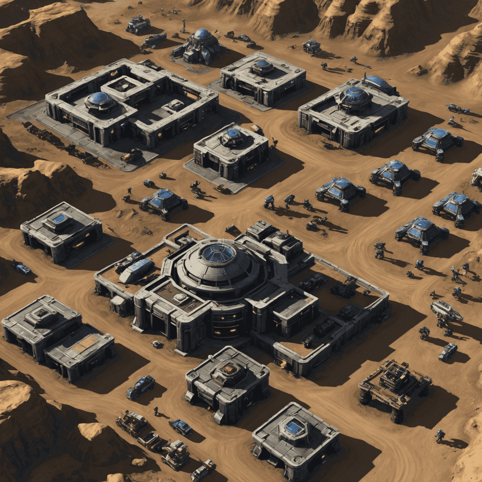 A split-screen image showing a StarCraft II Terran base on the left and a Command & Conquer GDI base on the right, both in early stages of development with workers gathering resources and basic structures being built