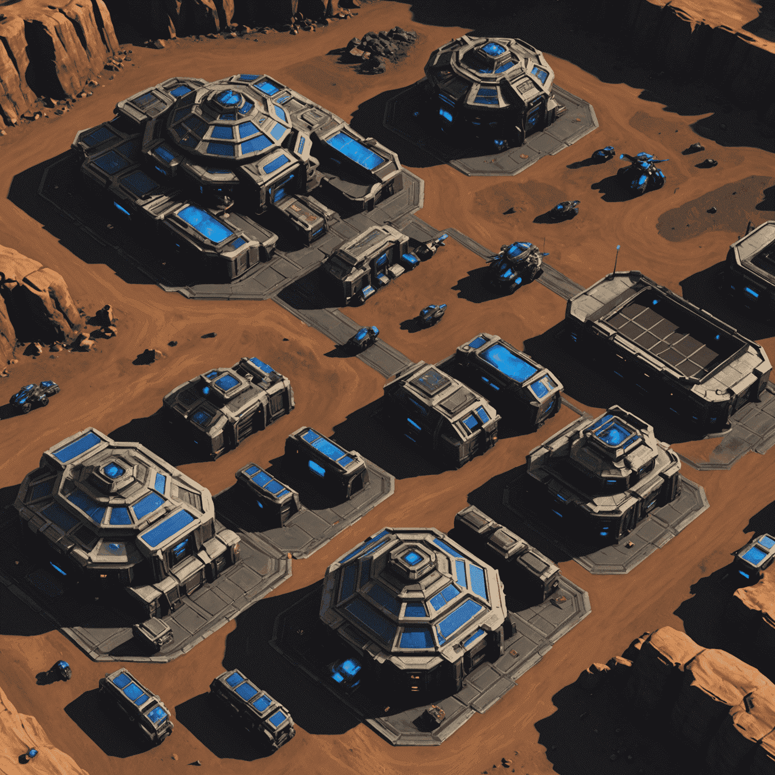 A Terran base in StarCraft II showing a Command Center, Barracks, and Supply Depots arranged efficiently, with SCVs mining minerals and gas